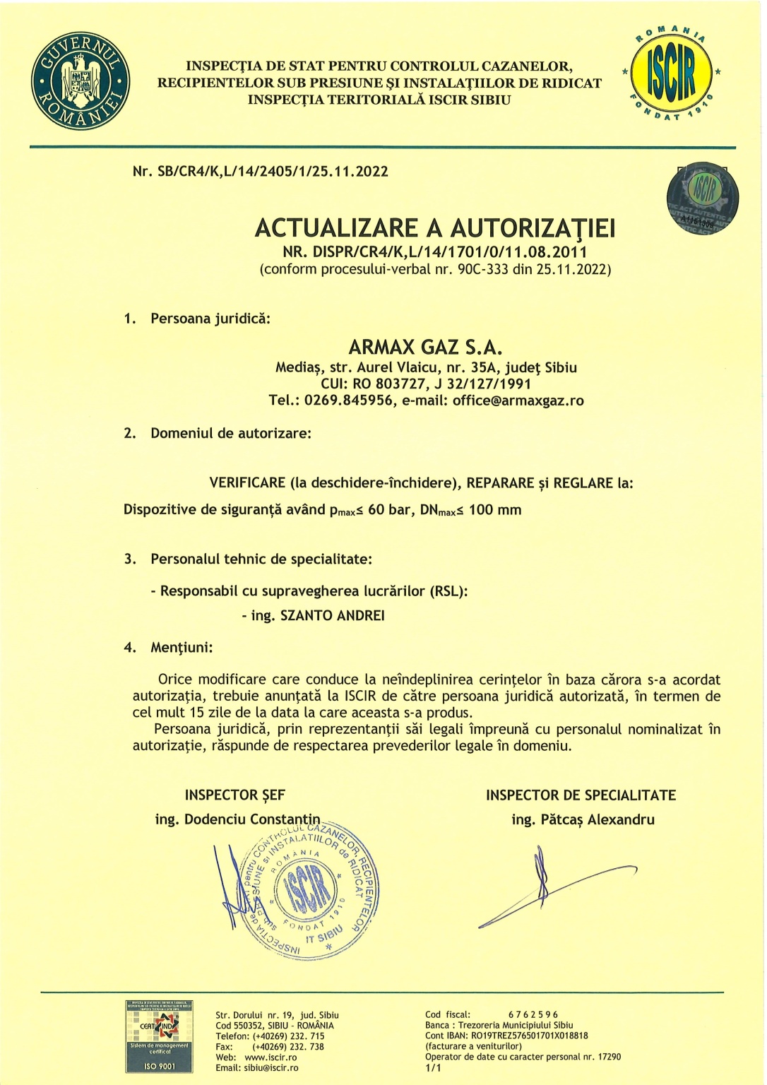 ISCIR_ Verificare la deschidere - inchidere, reparare si reglare la dispozitive de siguranta avand P60bar, DN100mm