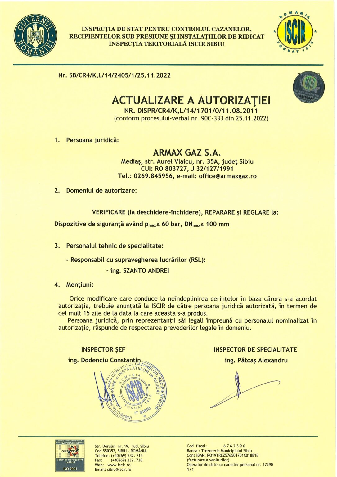 ISCIR_ Verificare la deschidere - inchidere, reparare si reglare la dispozitive de siguranta avand P60bar, DN100mm