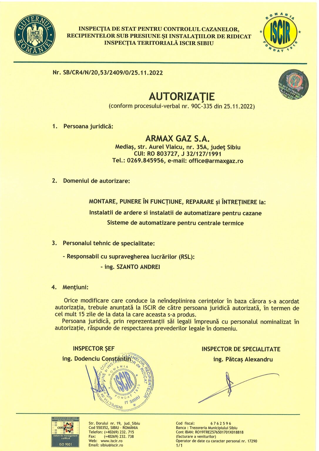 ISCIR_Autorizare pentru Montare, punere in functiune, reparare si intretinere Instalatii de ardere si instalatii de automatizare