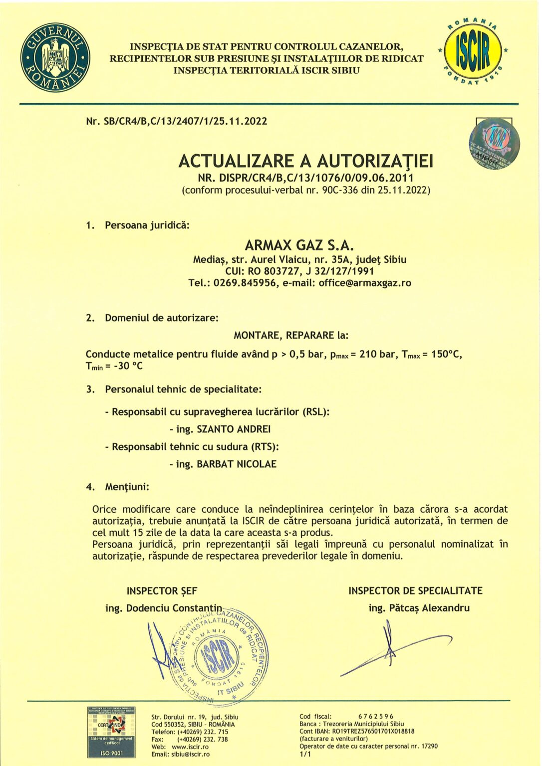 ISCIR_MONTARE si REPARARE la conducte metalice pentru fluide avand p0.5 bar